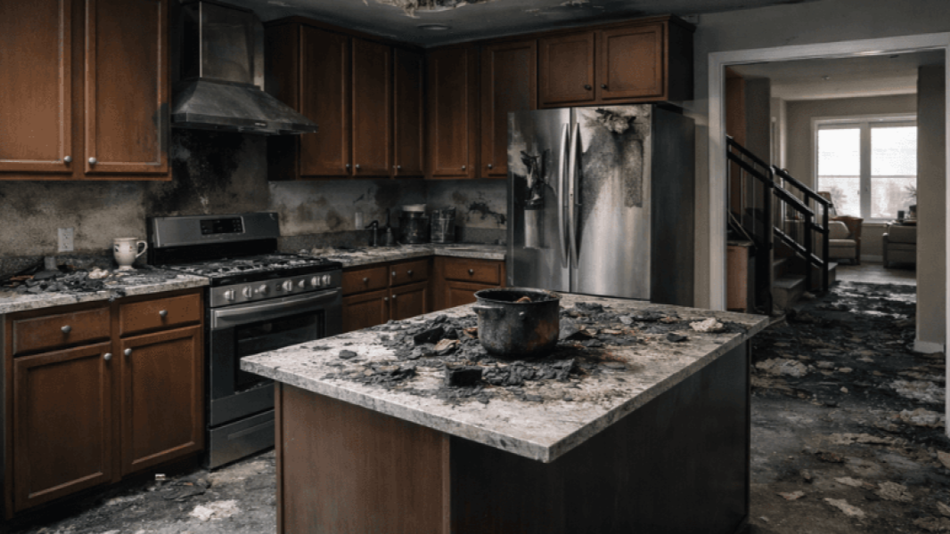 Soot-covered kitchen with charred debris after a house fire