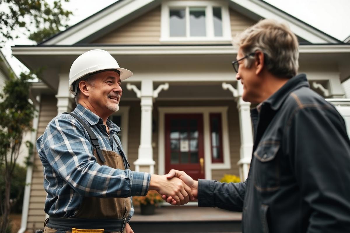 Homeowner shaking hands with a vetted restoration contractor outside a Seattle home