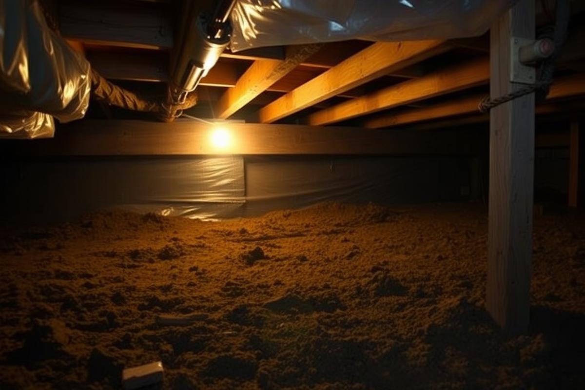 Damp crawlspace with vapor barrier under an older Seattle home where mold growth typically starts