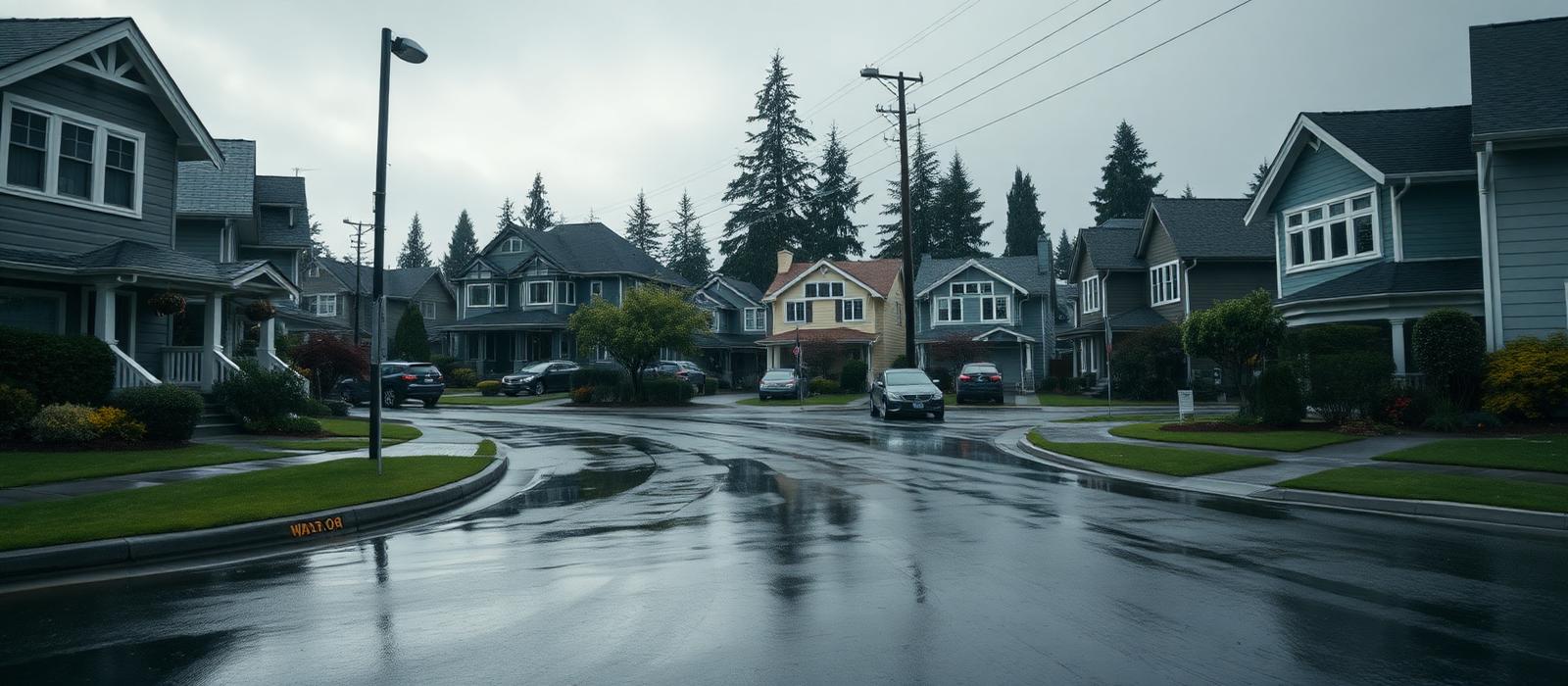 Rainy Seattle residential street lined with craftsman homes